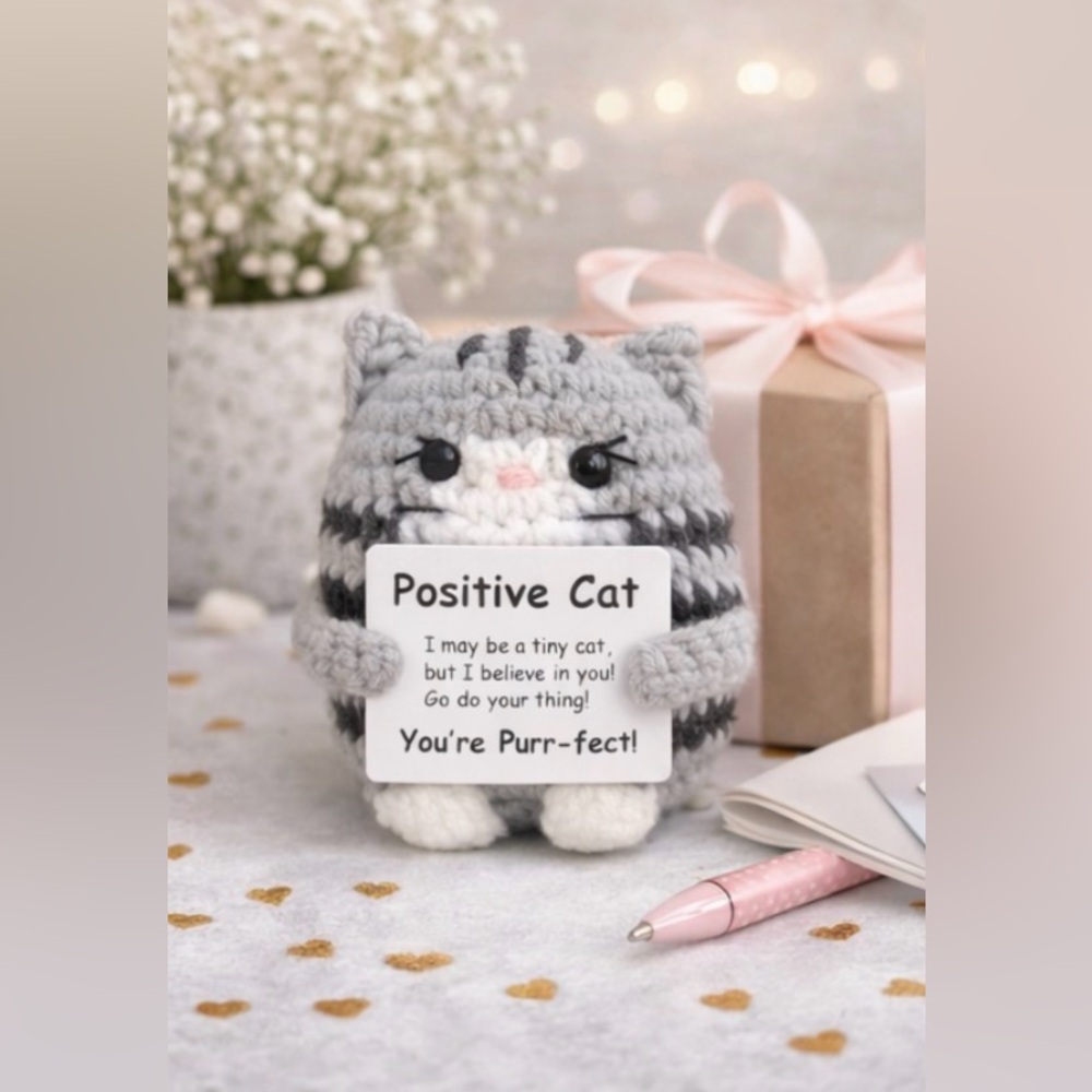 Positive Cat Crochet Plush Motivational Gift Cute Desk Decor